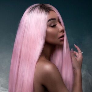 24” Long Pastel Pink Lace Front Bellami Wig Nikita Dragun